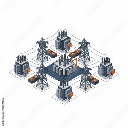 Electrical substation with power lines and transformers isometric view.
