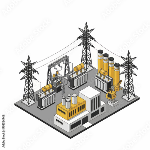 Electrical substation with power lines and transformers.