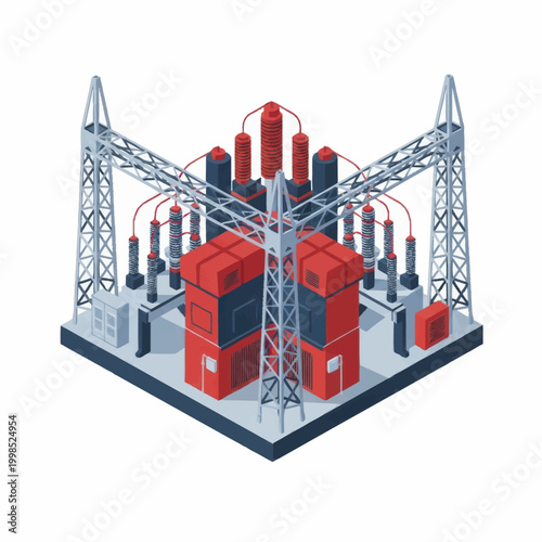 Electrical substation with transformers and power lines.
