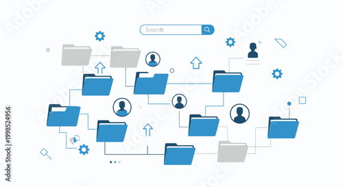 Digital file sharing and cloud storage concept with folders and user icons.
