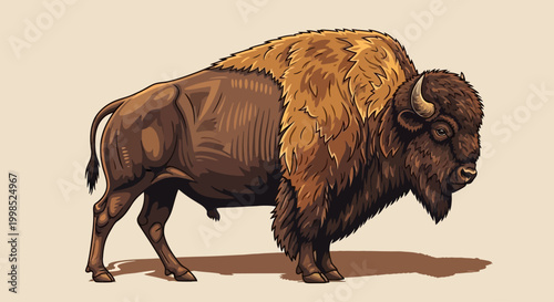 Detailed illustration of a standing American bison with textured fur and horns.