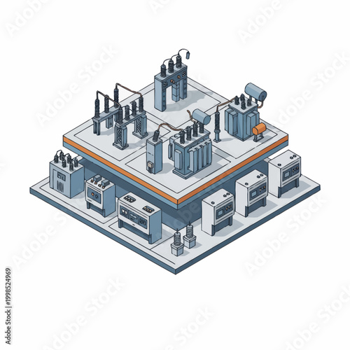 Electrical substation with transformers and power lines isometric illustration.