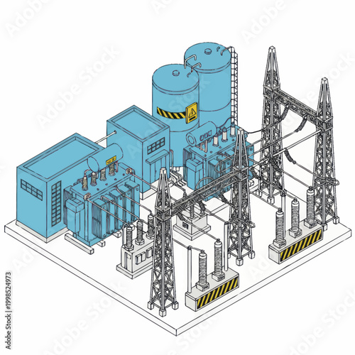Electrical substation with power transformers and transmission towers.