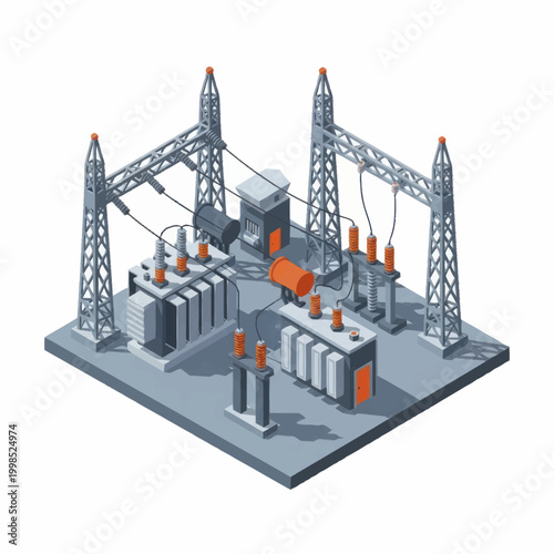 Electrical substation with transformers and power lines.