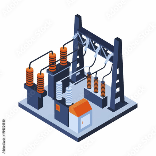Electrical substation with transformers and power lines isometric view.
