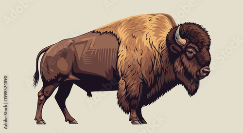 Detailed illustration of a standing American bison with textured fur and prominent horns.