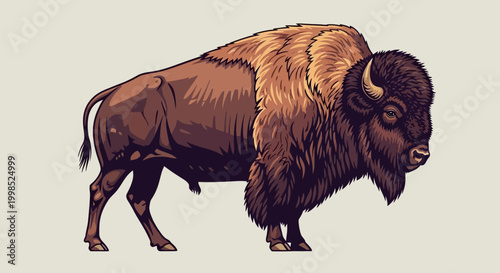 Detailed illustration of a standing American bison with brown fur and curved horns.