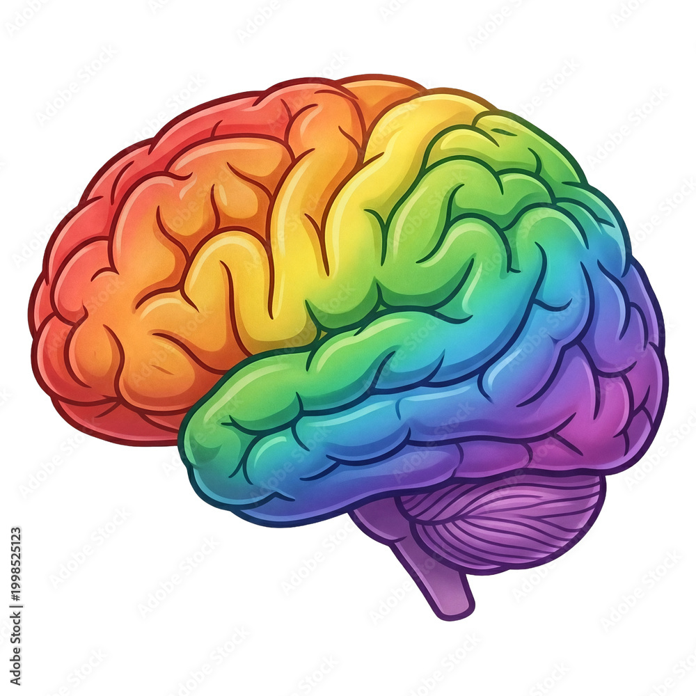 Fototapeta premium Illustration of a human brain with rainbow colors representing neurodiversity and mental health awareness
