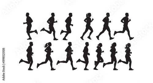Set of black silhouettes showing men and women running in different motions isolated on a clean white background scene.