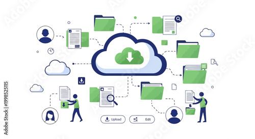 Illustration of cloud computing technology with data synchronization and file sharing icons.