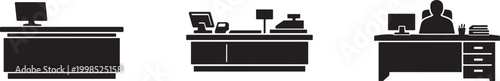 Reception desk silhouette icon set, modern furniture vector for office hotel lobby design use.