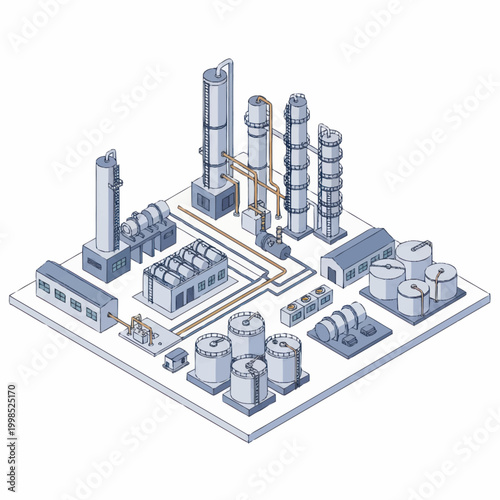 Industrial factory complex with multiple buildings and towers.