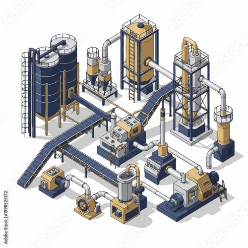Industrial factory complex with multiple processing units and conveyor belts.