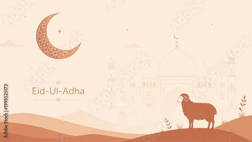Islamic Eid Al Adha greeting card with a sheep and mosque silhouette under a crescent moon