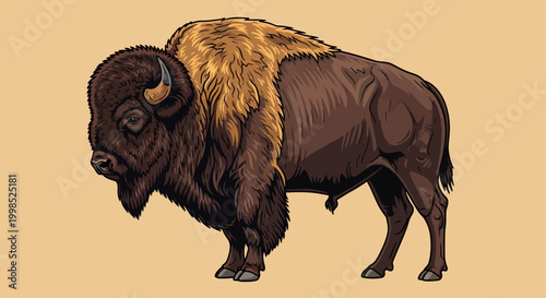 Illustration of a large American bison standing on a beige background.