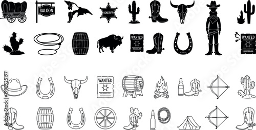 Western cowboy and wild west icon collection with saloon, sheriff, horseshoe, cactus, and cowboy gear vector set