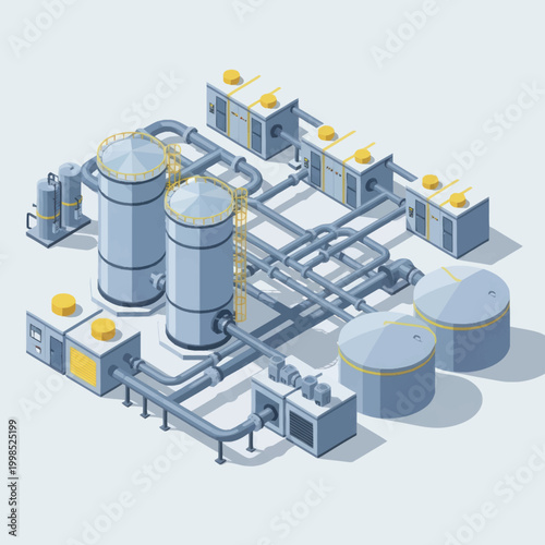 Industrial factory complex with pipes and tanks isometric view.