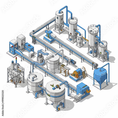 Industrial manufacturing plant with complex machinery and pipelines.