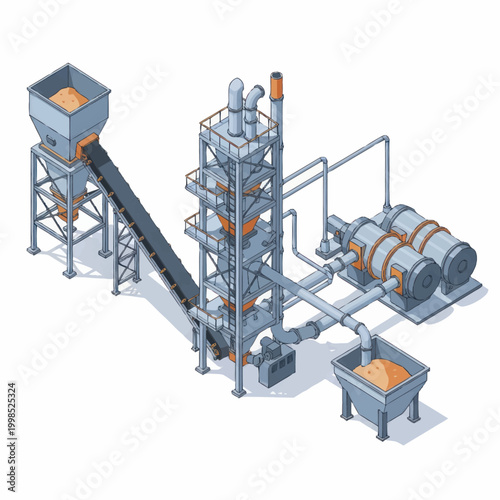 Industrial manufacturing plant with conveyor belts and silos.