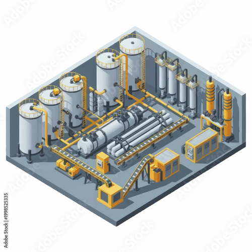 Industrial manufacturing plant with tanks and machinery.