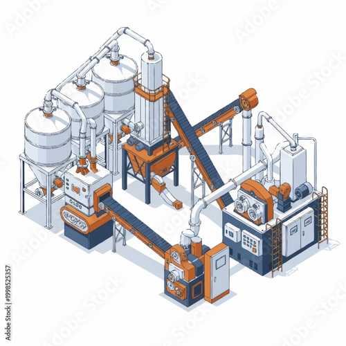 Industrial manufacturing plant with complex machinery and pipelines.