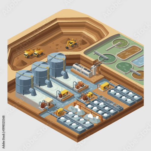 Industrial mining and processing plant isometric view.