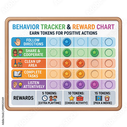 Behavior tracker and reward chart for kids with colorful tokens and positive reinforcement categories isolated on white