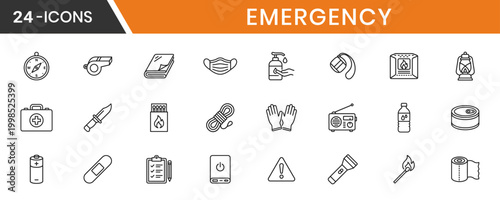 Emergency Line Icon Set Medical Cross Symbol Backpack Flashlight Torch Water Food Blanket