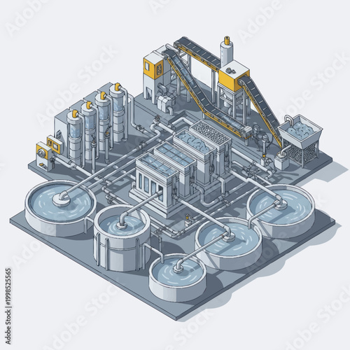 Industrial Water Treatment Plant Isometric Illustration.