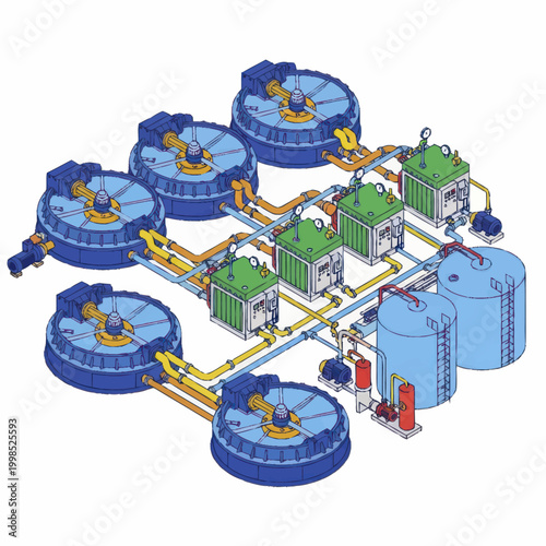 Industrial water treatment plant machinery complex system.