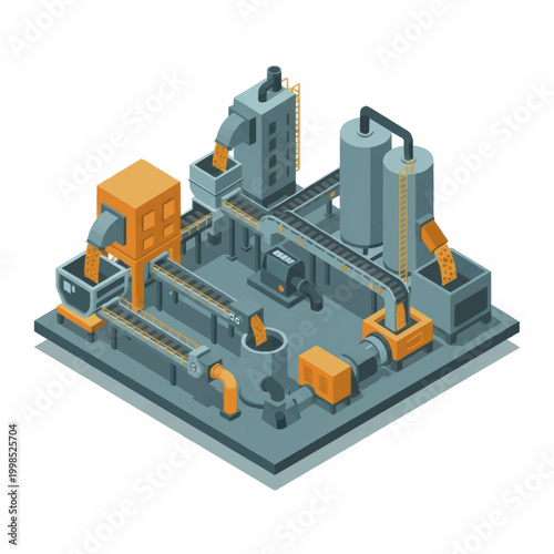 Modern industrial factory complex with conveyor belts and silos.