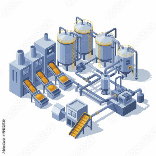 Modern industrial factory complex with tanks and conveyor belts.