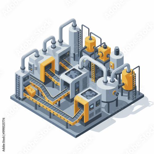 Modern industrial factory production line with conveyor belts and machinery.