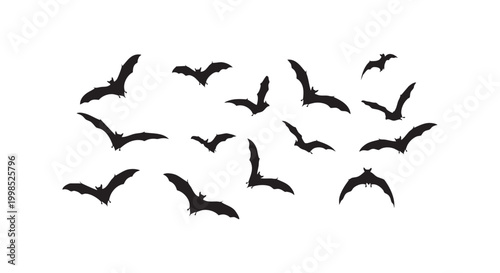 Set of flying bats silhouettes isolated on white background perfect for halloween design elements and spooky decorations.