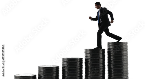 Businessman climbing stairs made of coins, symbolizing financial growth and career advancement