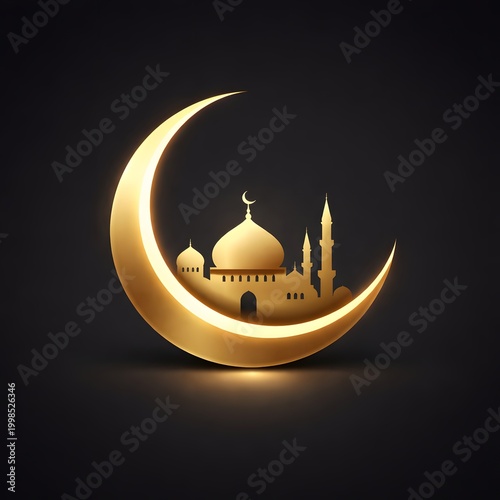 Golden Crescent Moon Mosque Icon - Luxury Islamic Ramadan Background Design