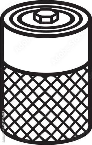 Premium High-Resolution Black-and-White Vector Oil Filter Icon with Mesh Pattern for Automotive Maintenance, Technical Manuals, Repair Guides, Industrial Designs, Engineering Diagrams