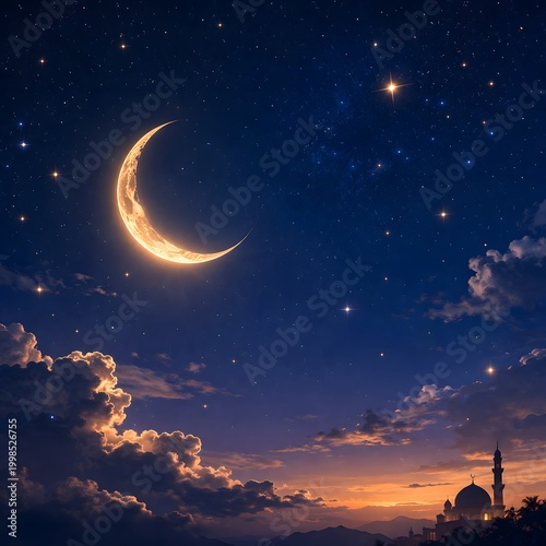 Crescent Moon Starry Night Sky with Mosque - Islamic Spiritual Evening Background Wallpaper