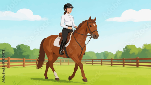 Woman riding horse in field