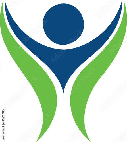 Blue and green abstract human figure logo design with arms up  symbolizing joy and freedom