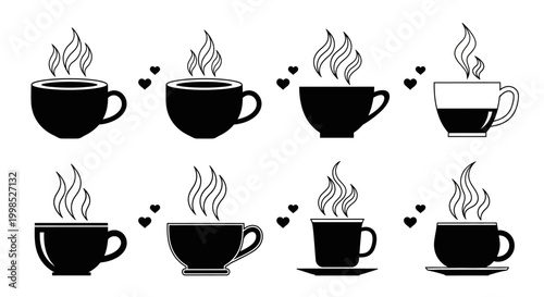 Set of black coffee cup icons with steam and hearts in flat design style isolated on white background for cafe branding and restaurant menu decoration elements