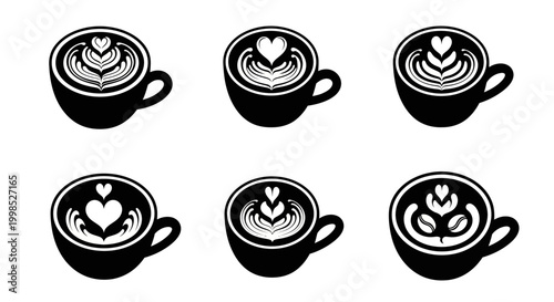 Set of latte art icons, coffee with decorative foam patterns, heart shapes and floral designs in cups, top view