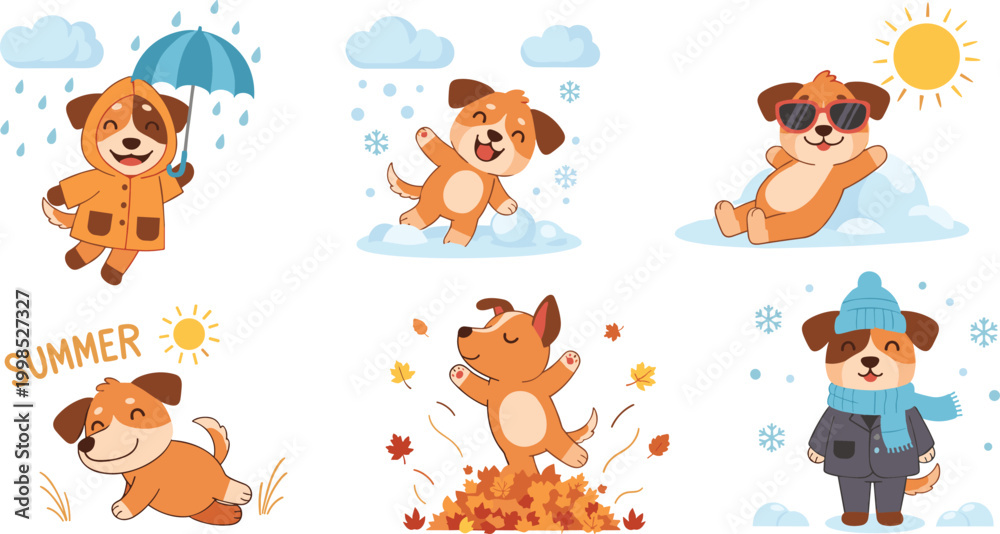 Obraz premium Cute Dog Seasonal Activities Collection with Rain Summer Autumn Winter and Snow Cartoon Puppy Vector Set