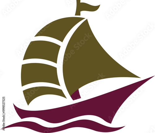 Sailing boat with brown sail and red hull on water waves