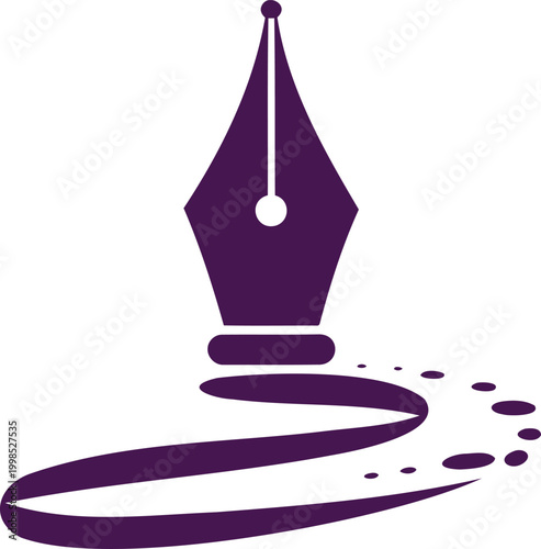 Purple fountain pen nib with ink flow and droplets isolated on white background