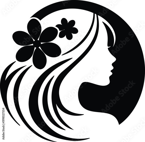 Silhouette of a woman with flowers in her hair profile view