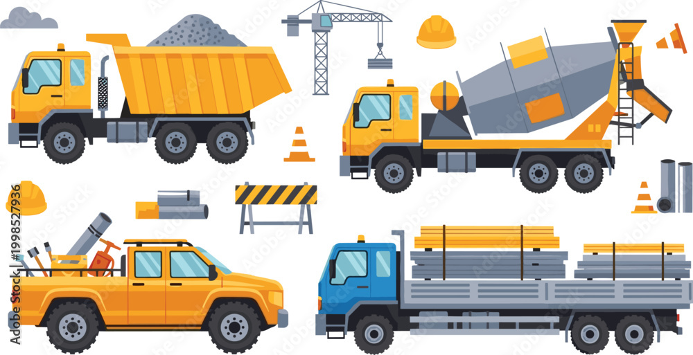Naklejka premium Construction Truck Collection with Dump Mixer Pickup and Flatbed Vehicles for Building Industry Transport Vector Set