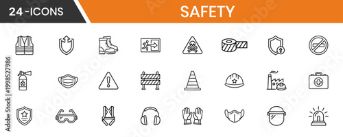 Job Safety Line Icon Set Consistent Stroke Goggles Face Mask Vest Work Boots Sign