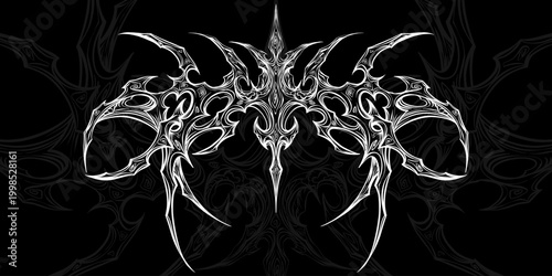 Intricate white cyber sigilism graphic on black. Symmetrical spiky vector for Y2K streetwear, gothic tattoos, and hardcore metal aesthetic. Trendy neo-tribal ornament for alternative design.