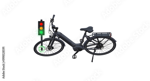 Black electric bicycle with traffic light, eco friendly transportation